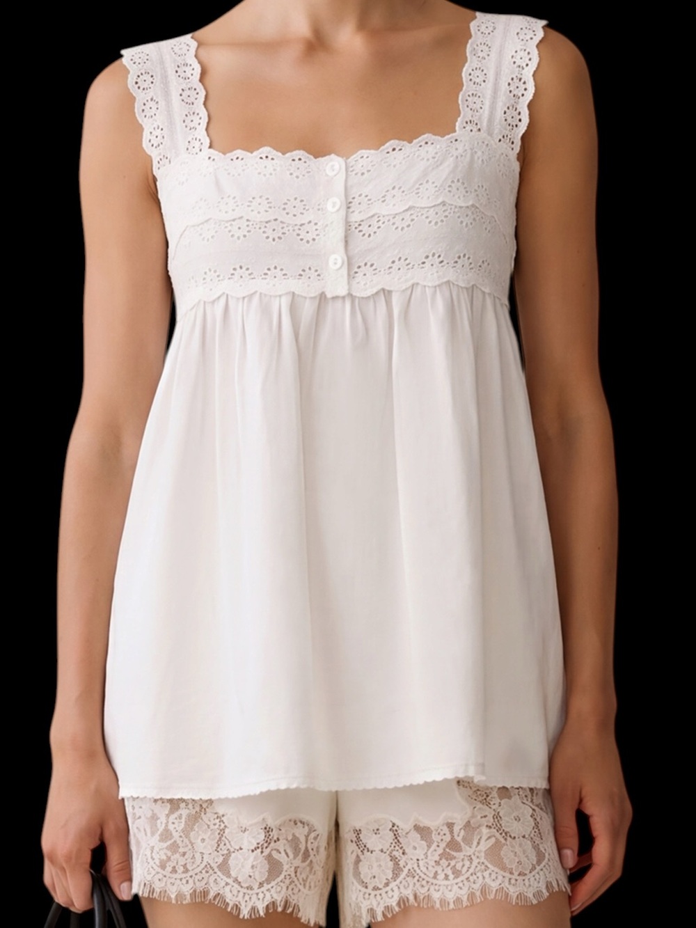 Sorella Few Moda Kaylor Cotton Top White Eyelet Lace-Trim Sleep Tank Sz 2 NWT